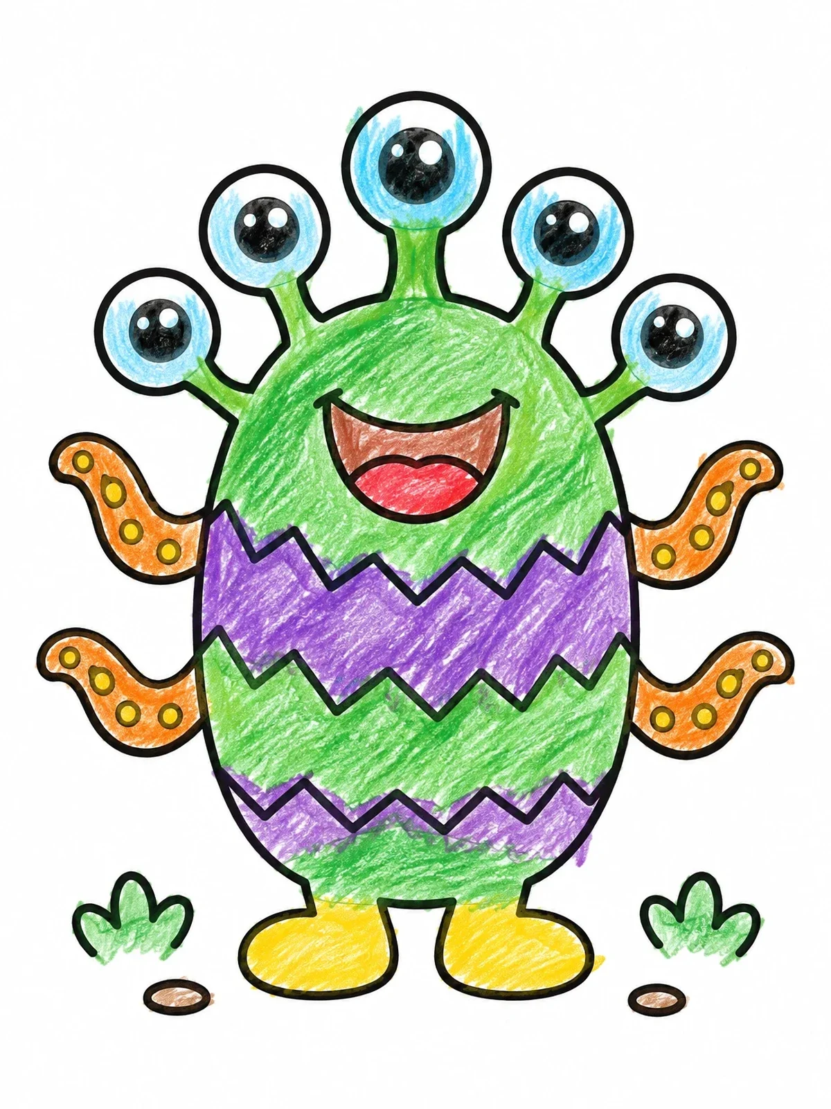 Colored example of the Cute Five Eyed Germ Monster coloring page