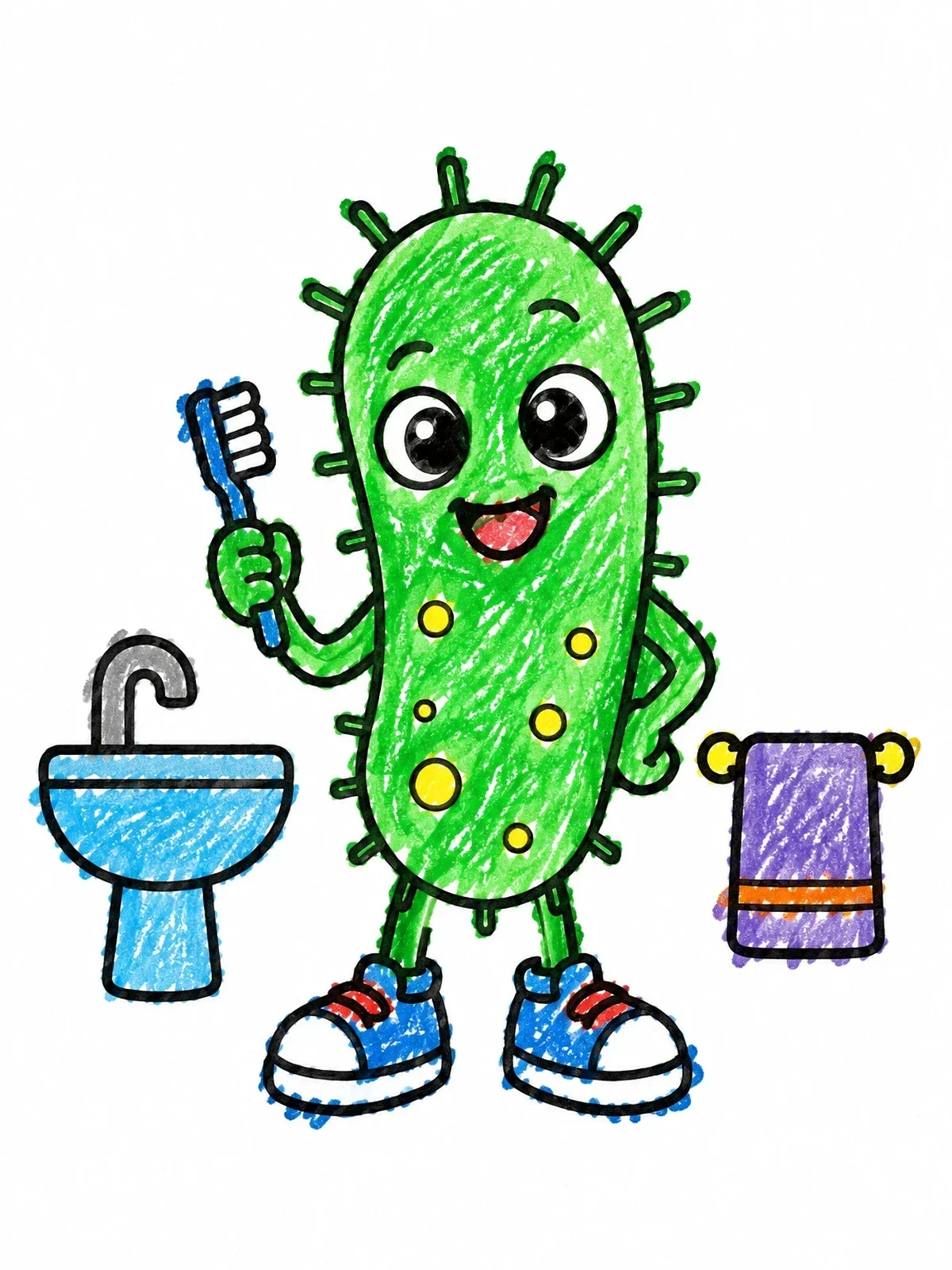 Colored example of the Cute Germ With A Toothbrush coloring page