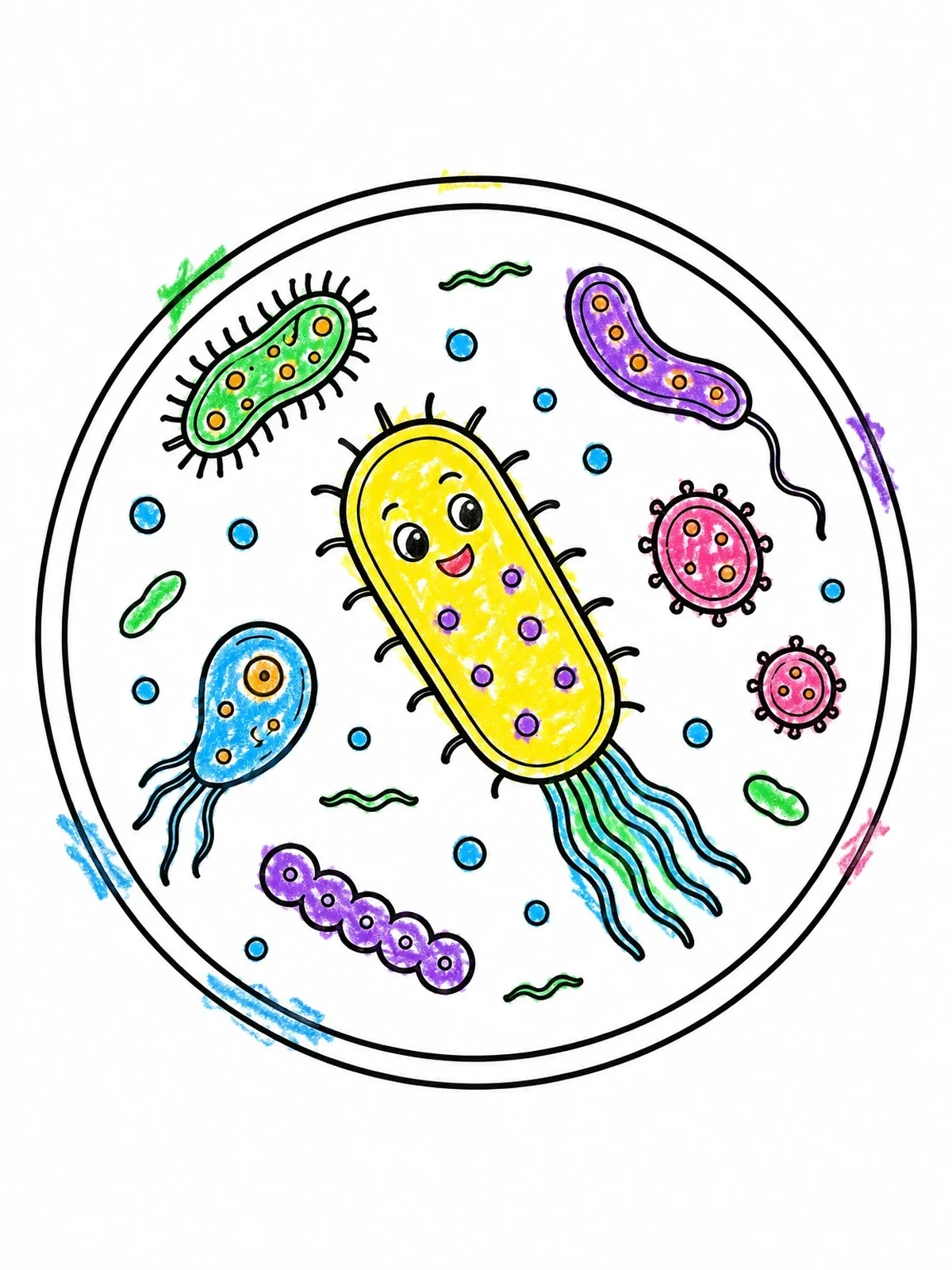 Colored example of the Cute Microbes Under The Microscope coloring page
