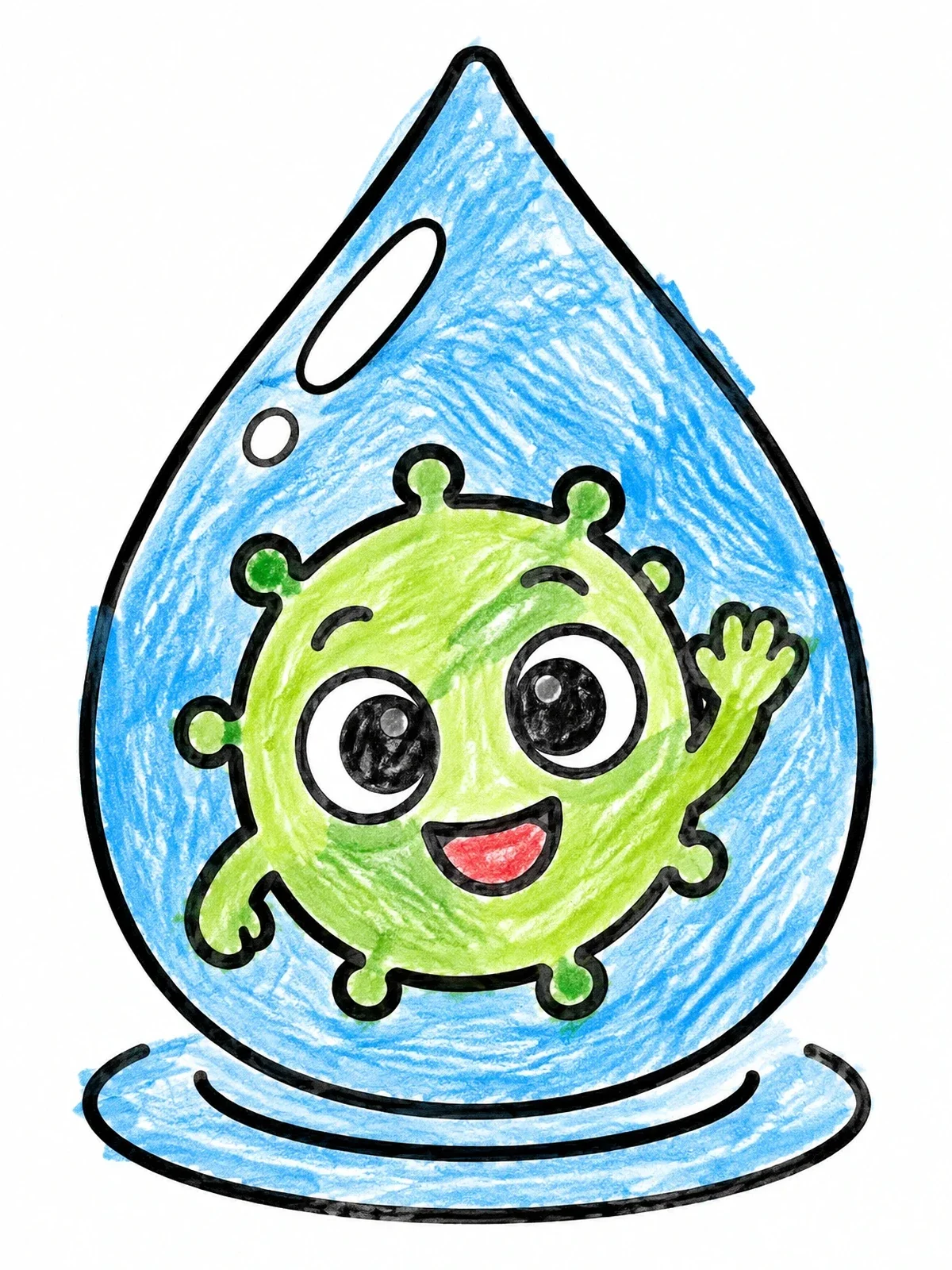 Colored example of the Happy Microbe In A Water Droplet coloring page