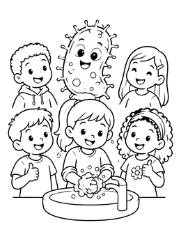 Free printable Kids Washing Hands With Friendly Germ coloring page