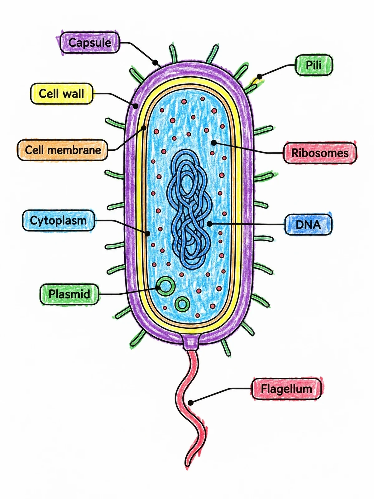 Colored example of the Bacterial Cell Anatomy Diagram coloring page