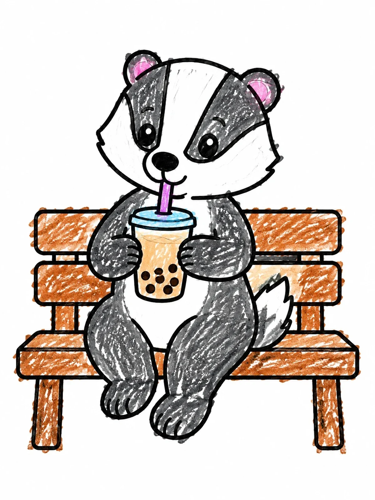 Colored example of the Cute Badger Drinking Boba Tea coloring page