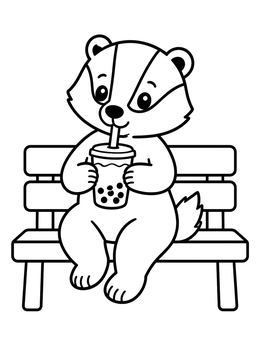 A cheerful badger coloring page showing an animal drinking boba tea on a bench.