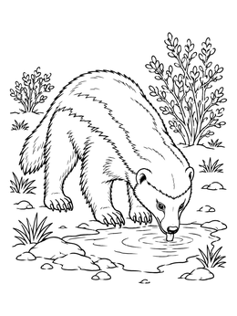 A wild badger drinking water outdoors in this detailed badger coloring page.