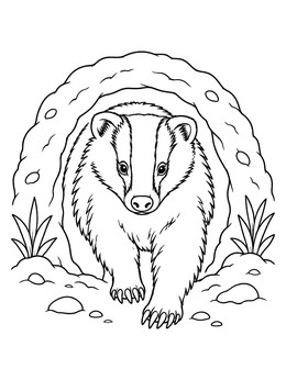 A badger coloring page showing the furry creature emerging front-first from an arched burrow entrance.