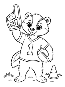 A cheerful badger coloring page showing a fan holding a football and foam finger.