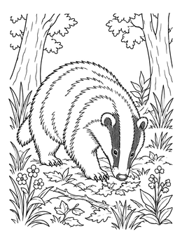 A detailed badger coloring page showing the animal foraging on a forest floor among plants and trees.