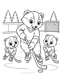 A cute badger coloring page showing an adult badger and two cubs playing ice hockey on a rink.