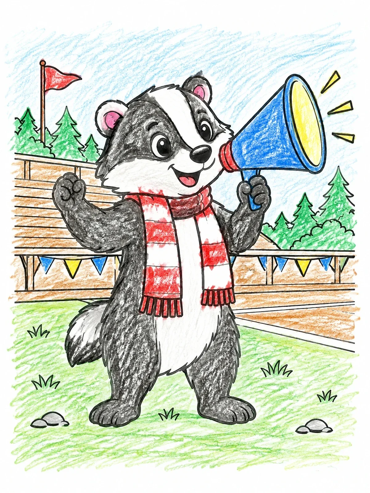 Colored example of the Badger Mascot Cheering With Megaphone coloring page