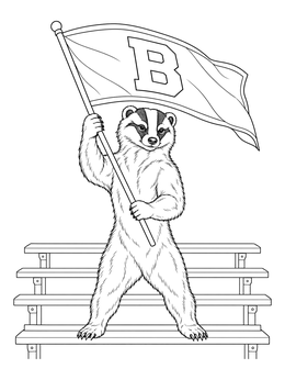 A badger coloring page featuring an athletic mascot standing on bleachers waving a large flag.