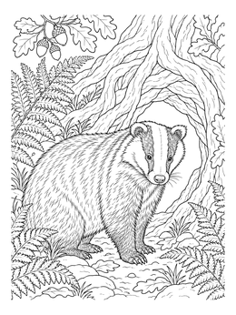 A detailed badger coloring page standing beneath tangled oak roots and lush ferns.