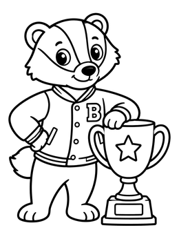 A friendly badger coloring page featuring a badger in a varsity jacket posing with a trophy.