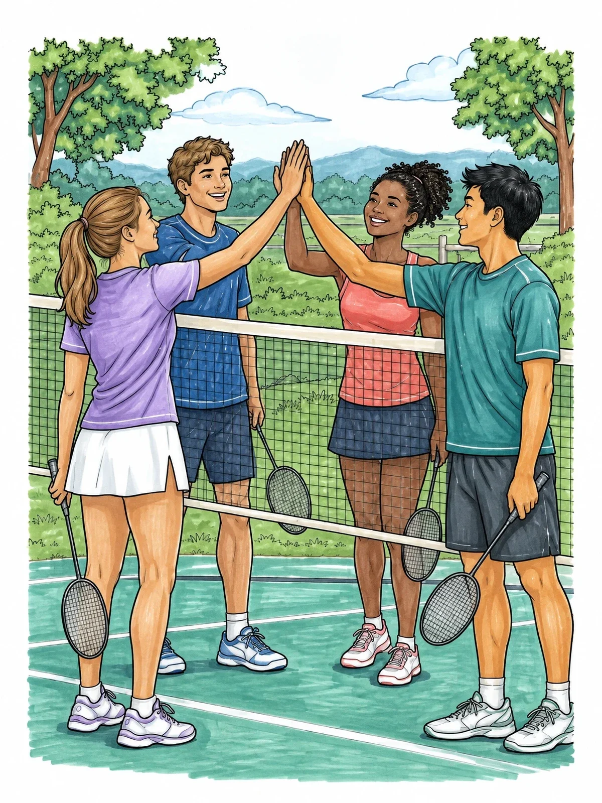 Colored example of the Badminton Players High Five Over Net coloring page