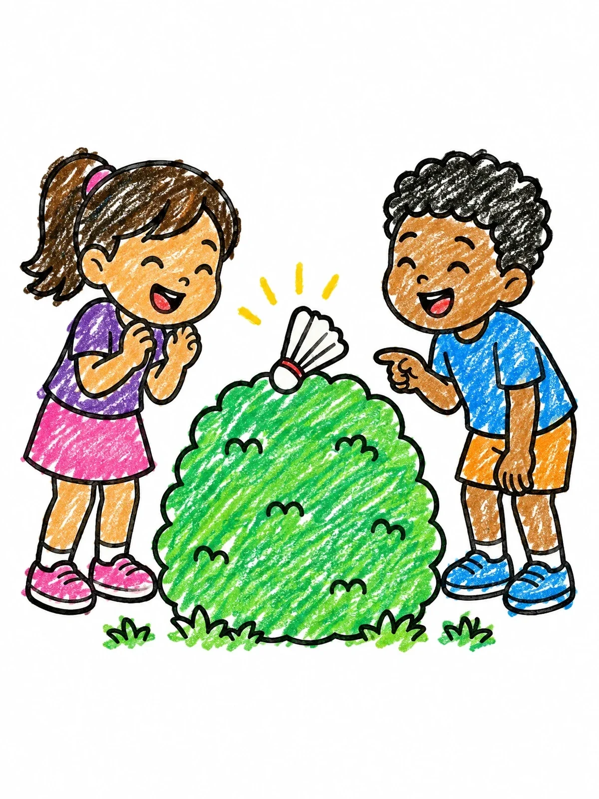 Colored example of the Siblings Finding Shuttlecock On Bush coloring page