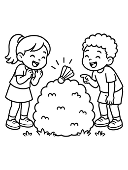 Free printable Siblings Finding Shuttlecock On Bush coloring page
