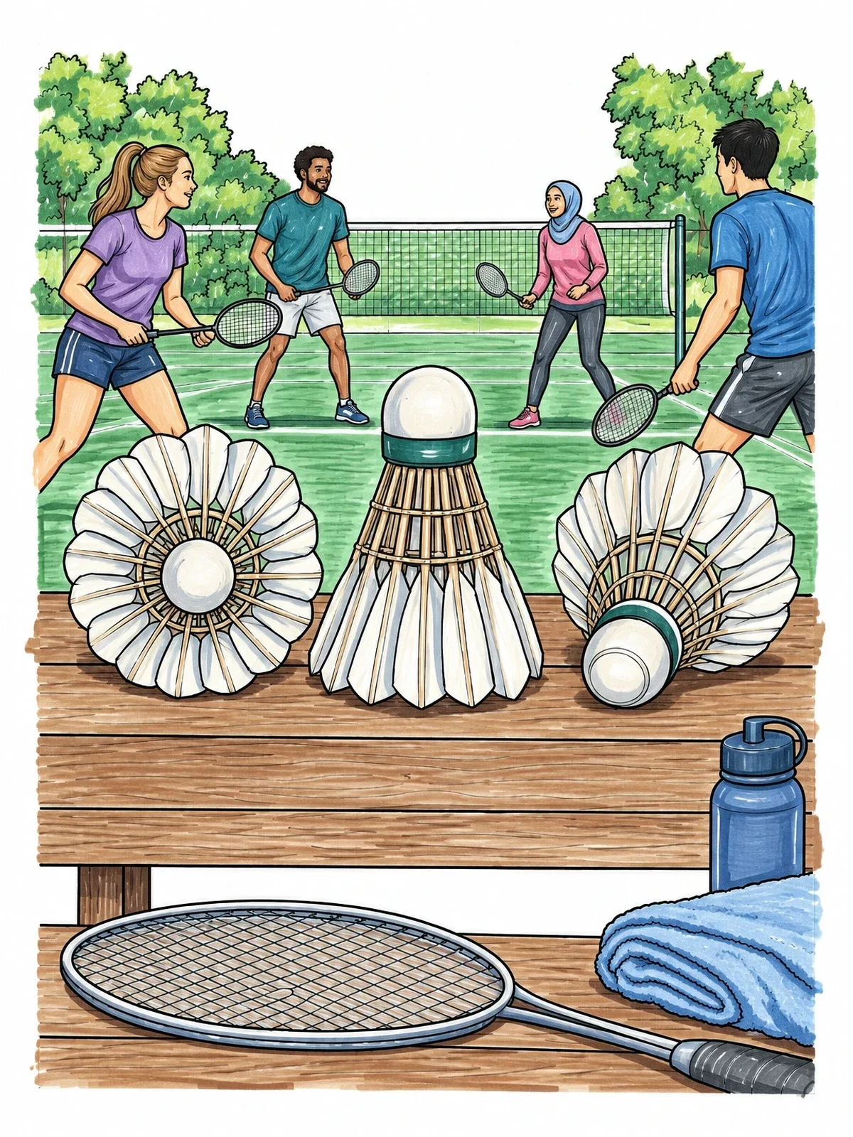 Colored example of the Shuttlecocks And Outdoor Badminton Doubles Match coloring page