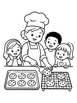 Free printable Baker And Kids Cooling Cookies coloring page