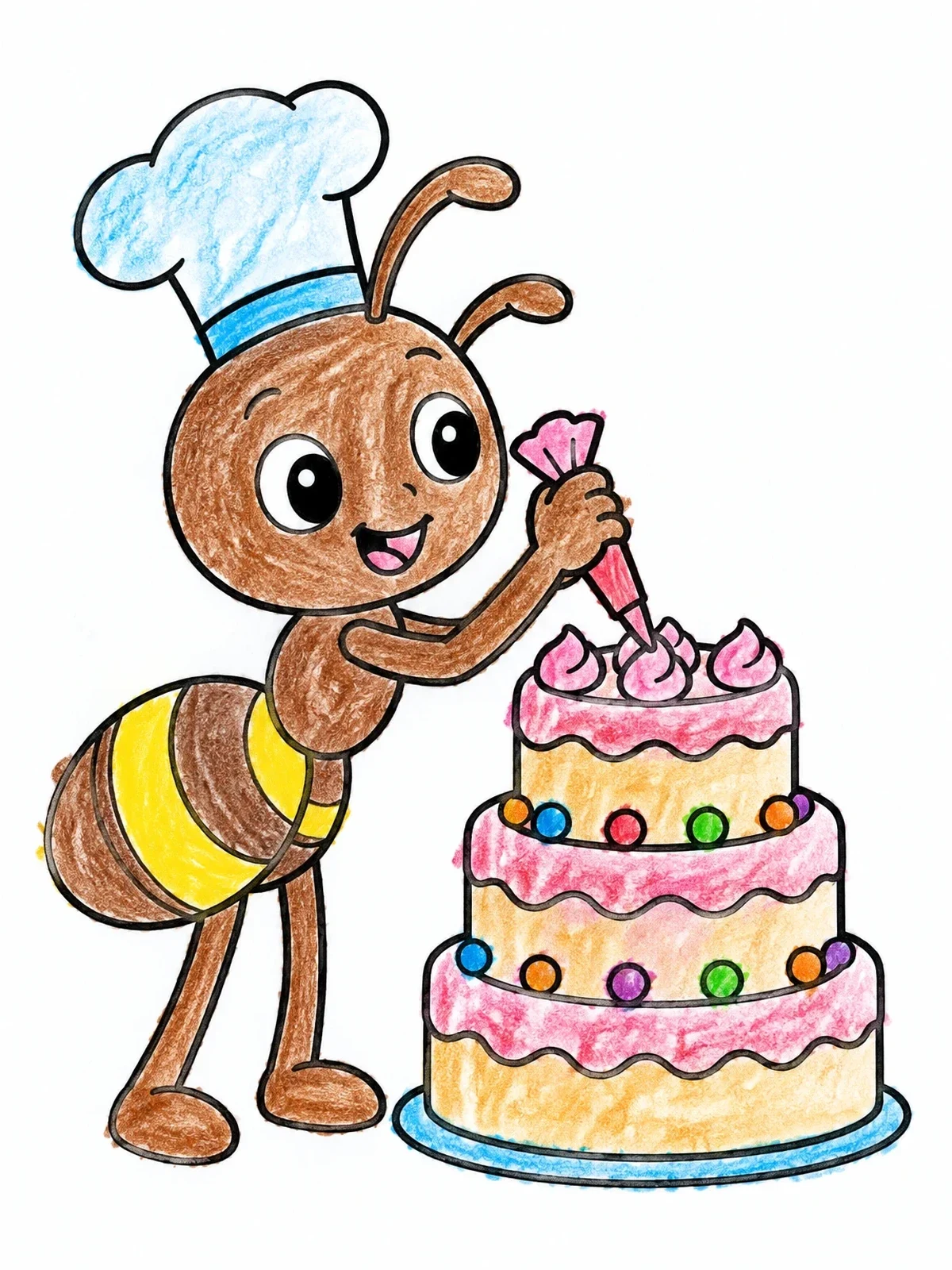 Colored example of the Baker Ant Decorating A Birthday Cake coloring page