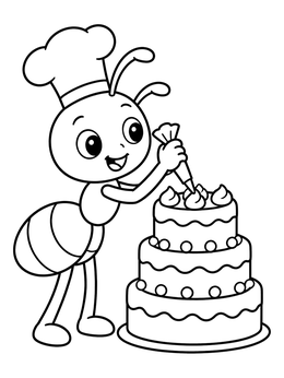A cheerful ant coloring page showing an insect chef piping icing onto a three-tier cake.