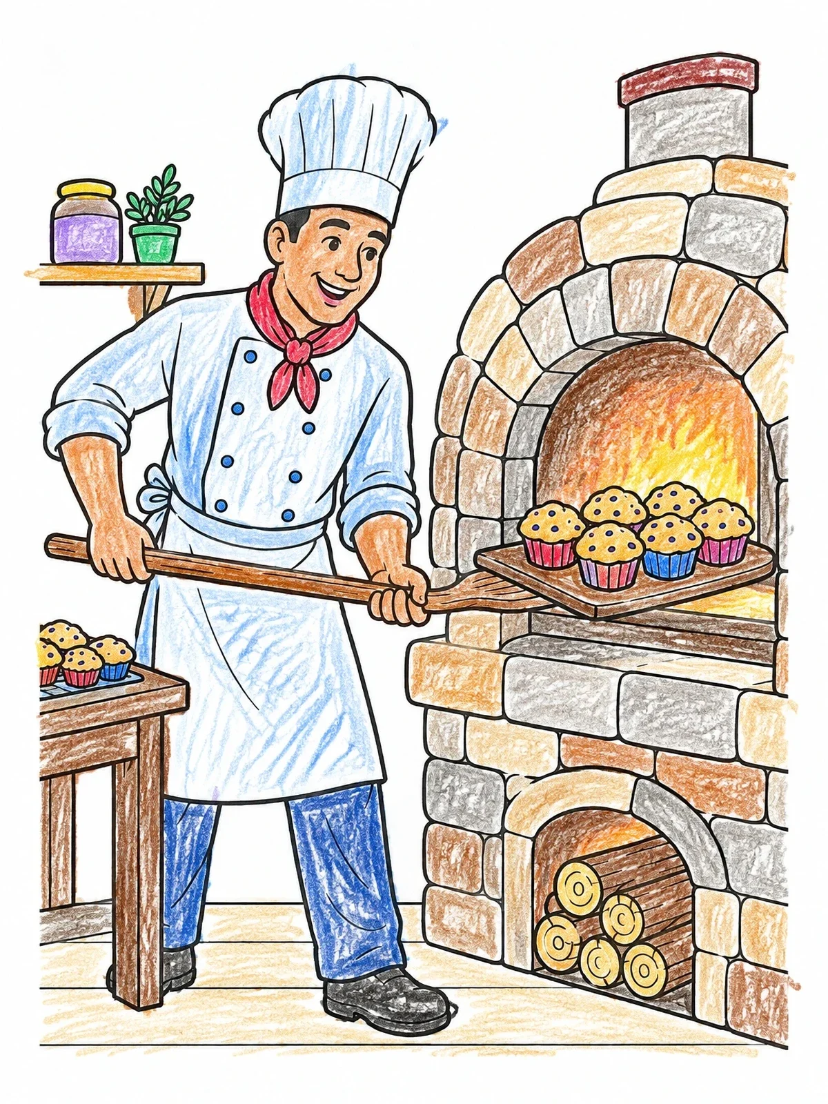 Colored example of the Baker With Muffins At Stone Oven coloring page