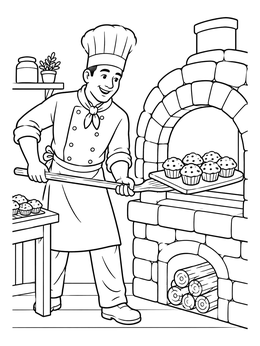 Free printable Baker With Muffins At Stone Oven coloring page