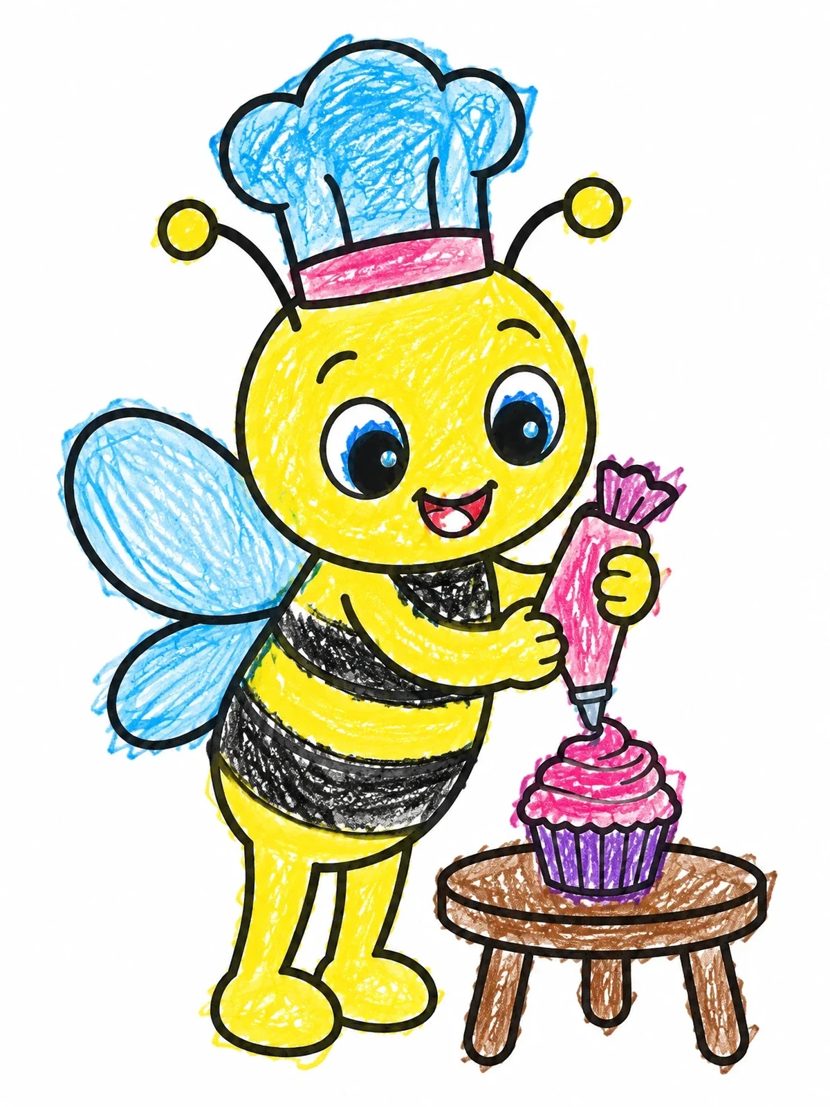 Colored example of the Baker Bee Decorating A Cupcake coloring page