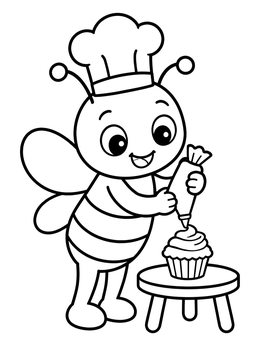 A cheerful bee coloring page showing a baker bee piping frosting onto a cupcake.