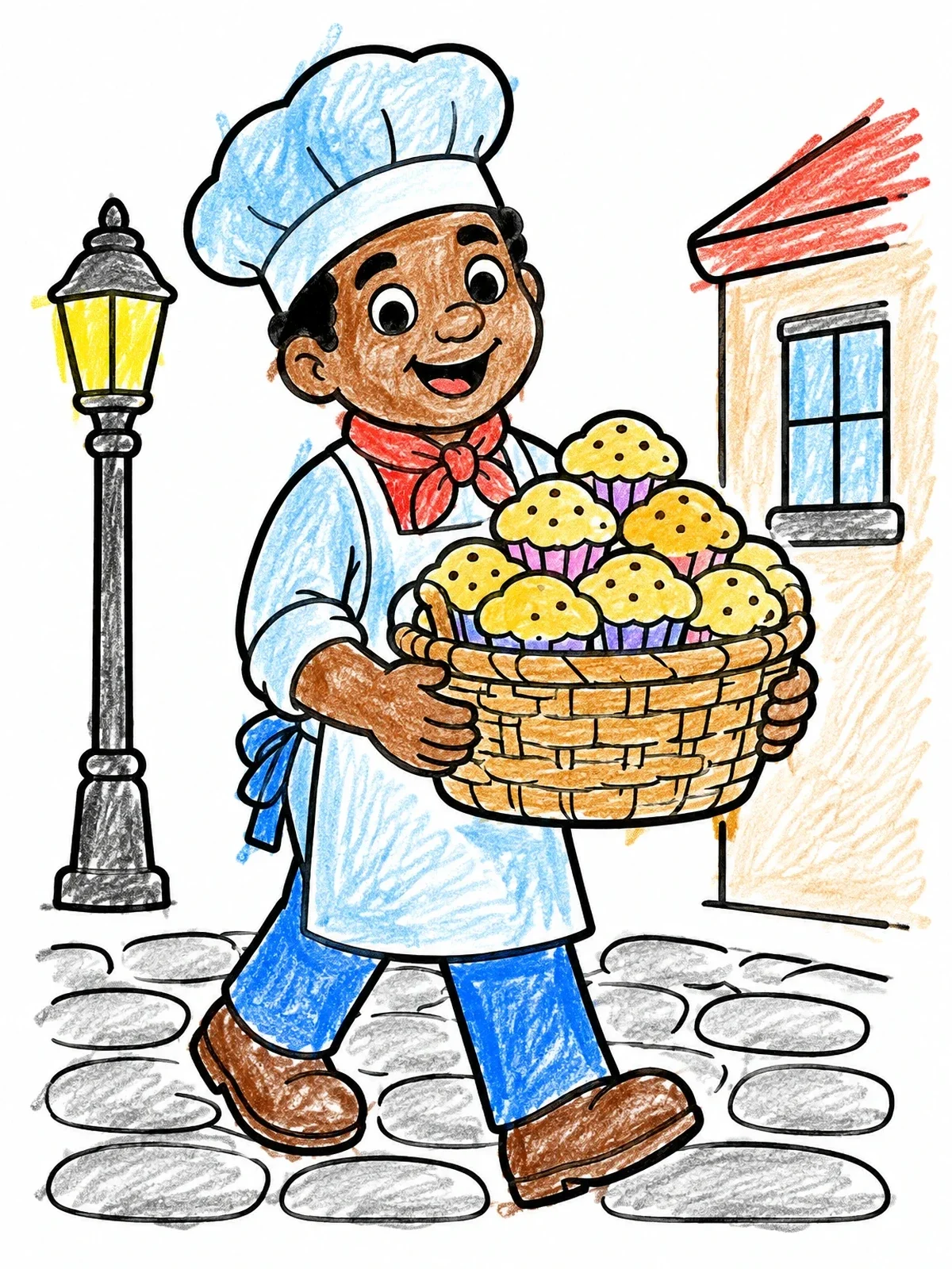 Colored example of the Cheerful Baker Carrying Basket Of Muffins coloring page