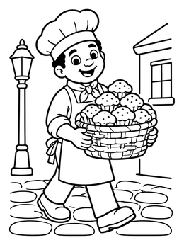 Free printable Cheerful Baker Carrying Basket Of Muffins coloring page