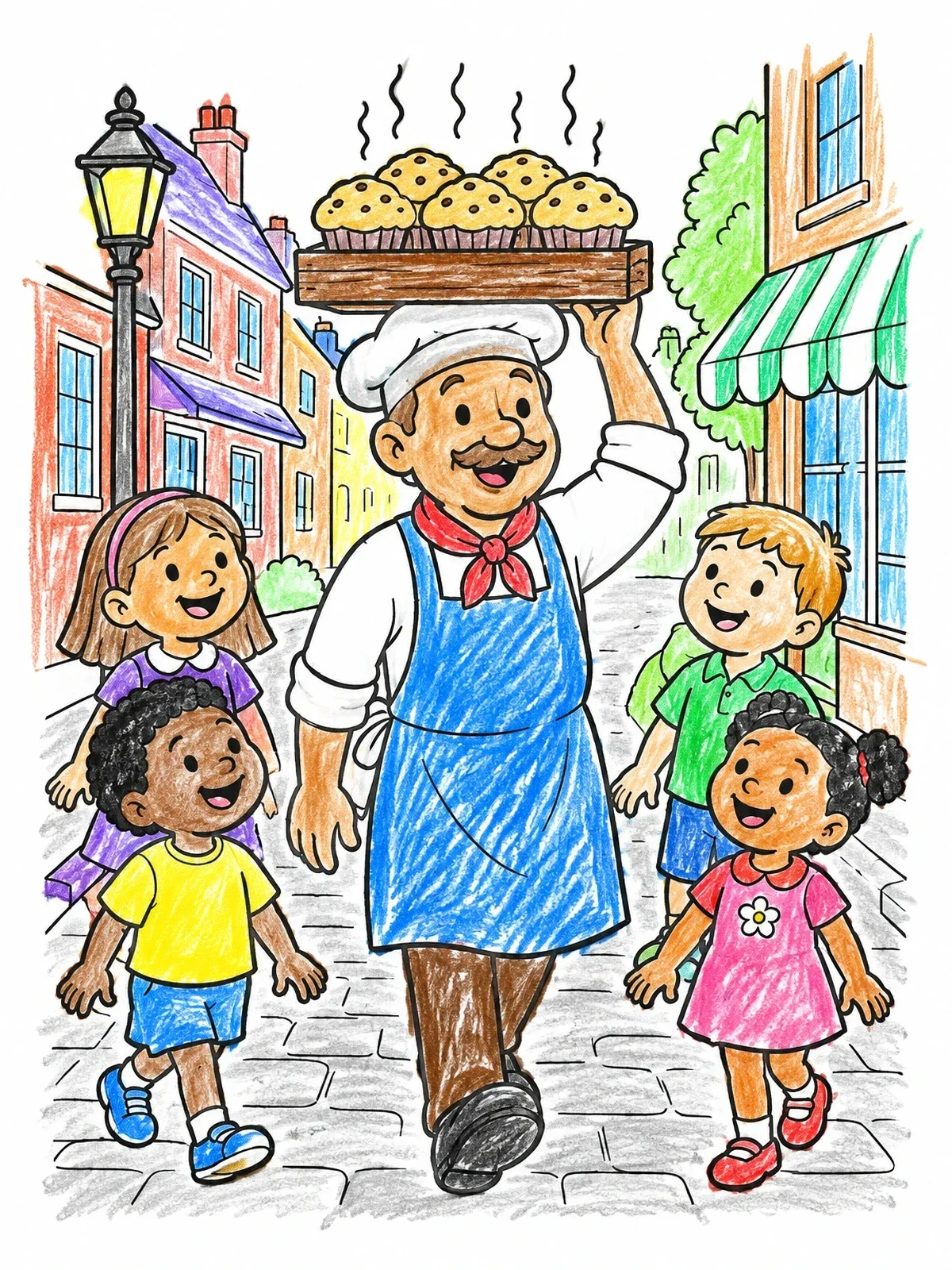 Colored example of the Baker Carrying Muffins For Children coloring page