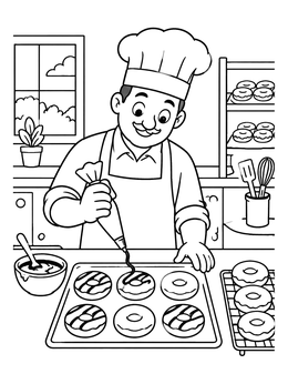A cheerful baker decorates pastries in this donut coloring page.
