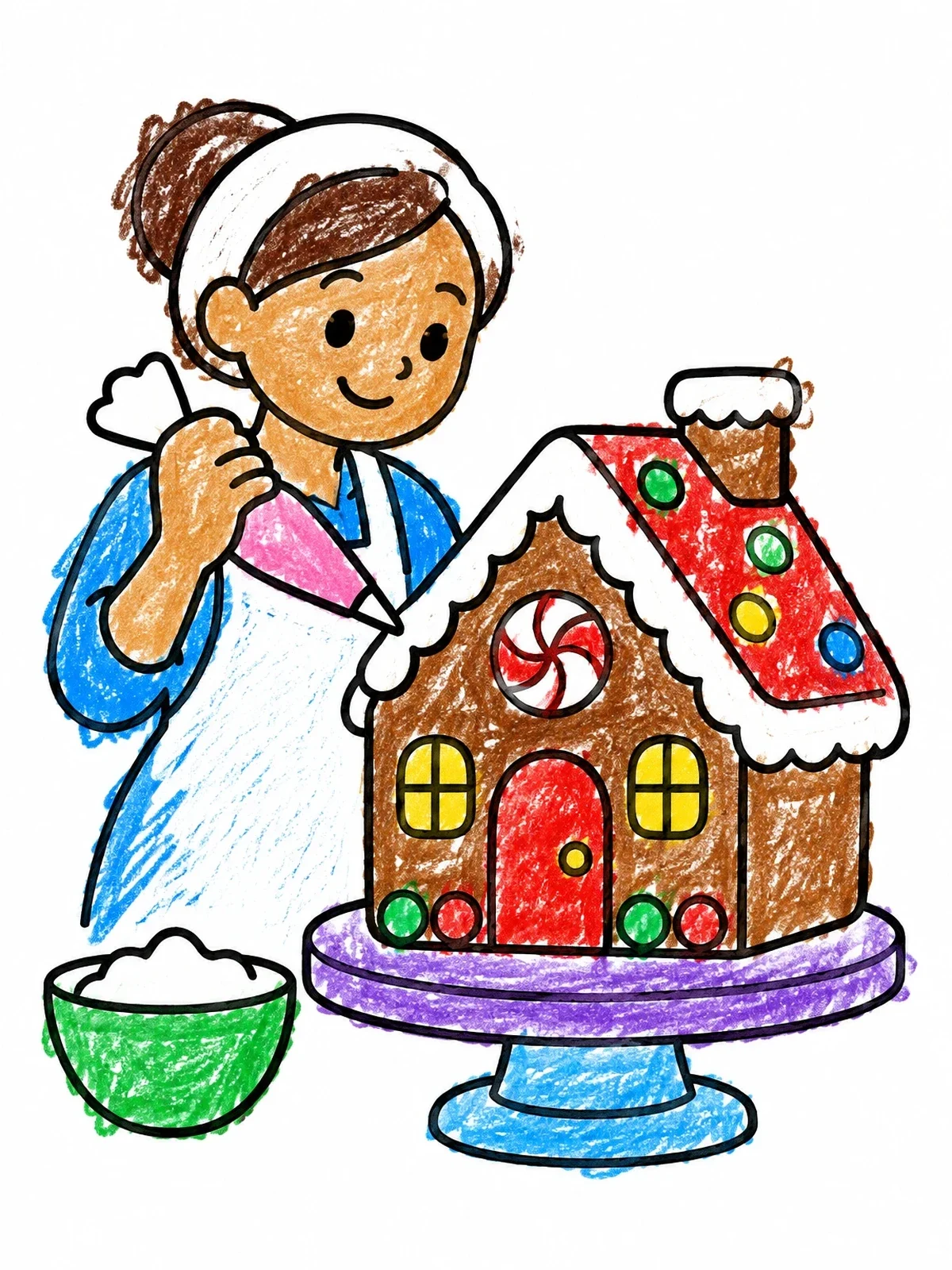 Colored example of the Baker Decorating A Gingerbread Cottage coloring page
