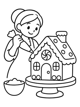 Free printable Baker Decorating A Gingerbread Cottage coloring page