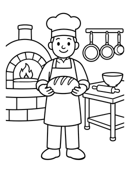 Free printable Baker With Fresh Bread In Kitchen coloring page