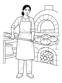 A baker holding freshly baked loaves on a peel in this bread coloring page.