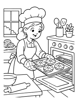 A cheerful baker pulls a tray from the oven in this donut coloring page.