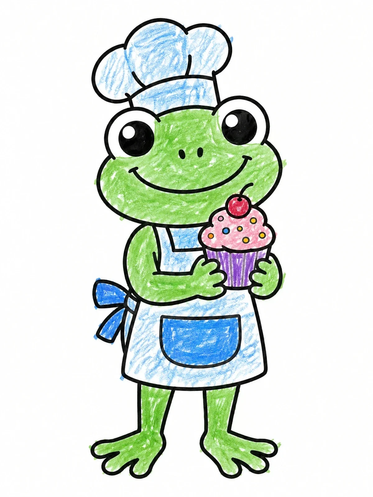 Colored example of the Baker Frog Holding A Sweet Cupcake coloring page