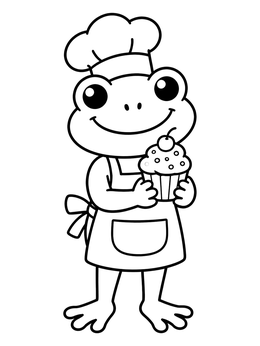 A cute baker frog coloring page holding a decorated cupcake with a cherry.