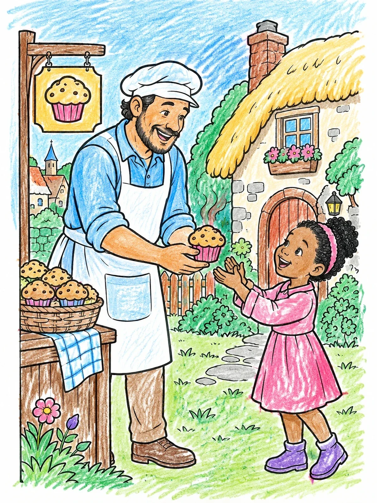 Colored example of the Baker Giving Muffin To Girl coloring page