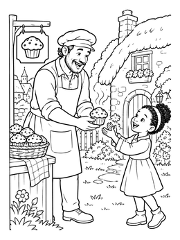 Free printable Baker Giving Muffin To Girl coloring page