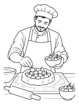 A friendly baker fills pastry dough with fruit in this pie coloring page.