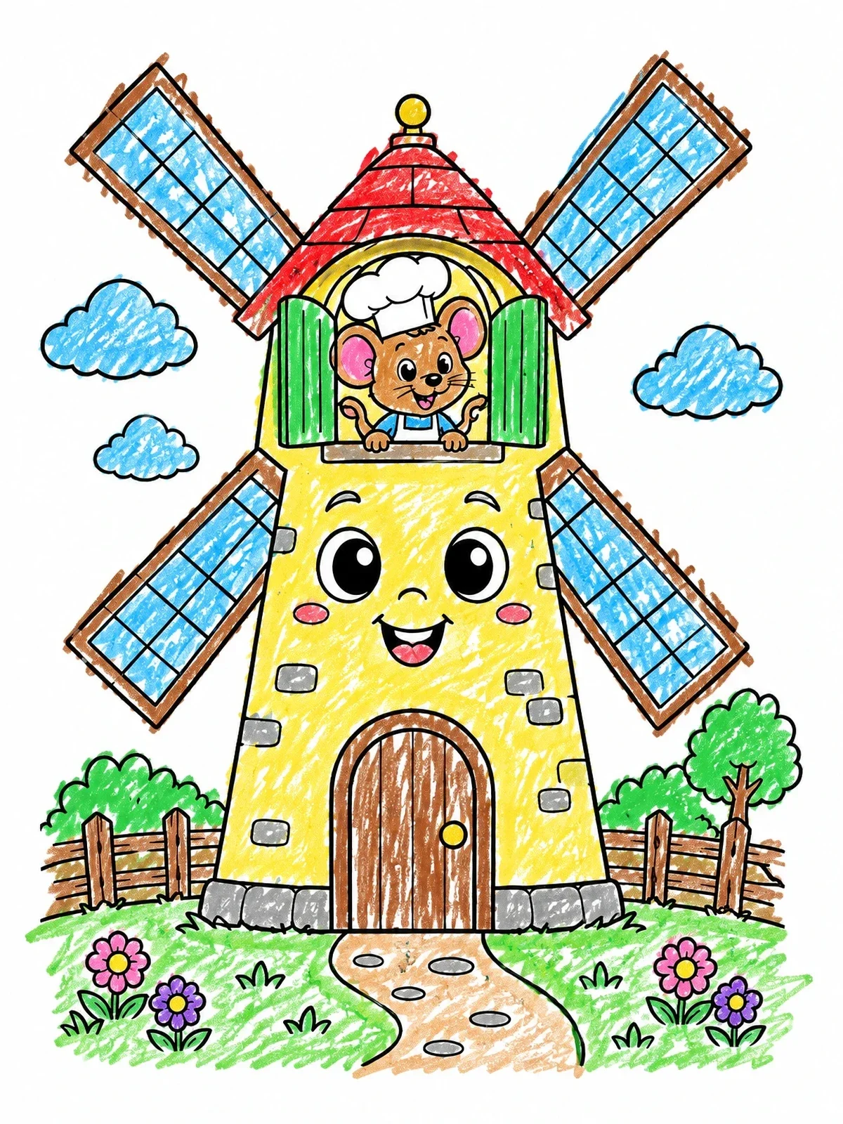 Colored example of the Baker Mouse In Friendly Windmill coloring page