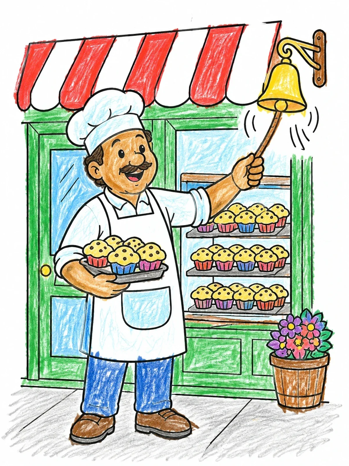 Colored example of the Baker Ringing The Muffin Bell coloring page