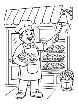 Free printable Baker Ringing The Muffin Bell coloring page