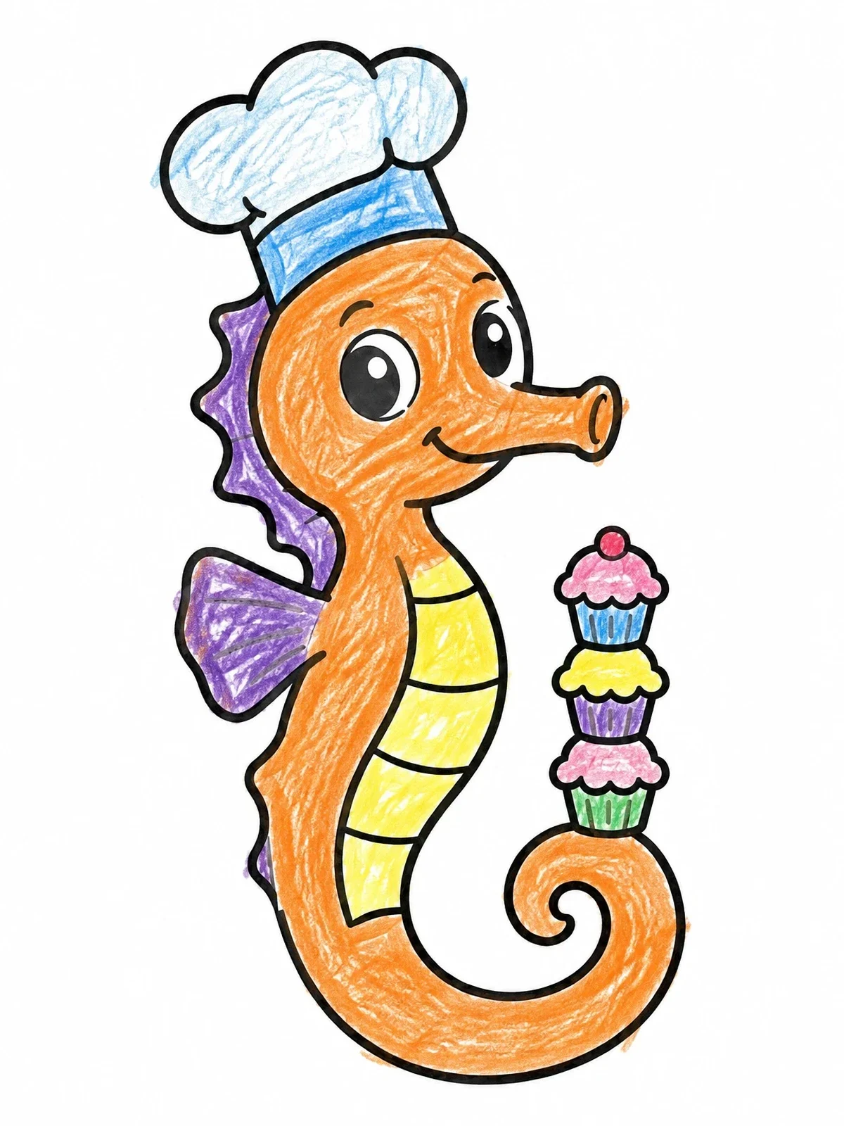 Colored example of the Baker Seahorse Balancing Cupcakes coloring page