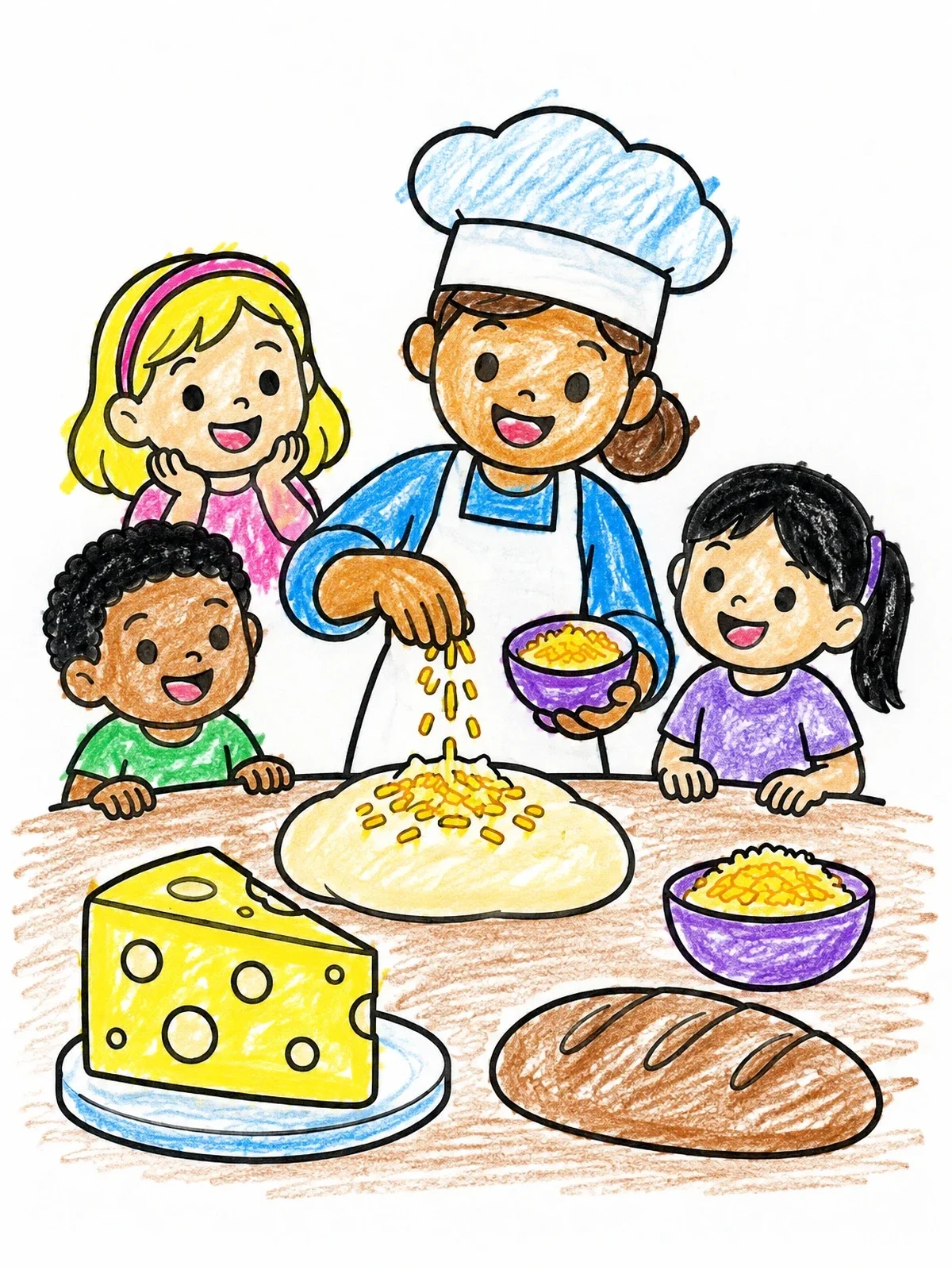 Colored example of the Baker Sprinkling Cheese With Kids coloring page