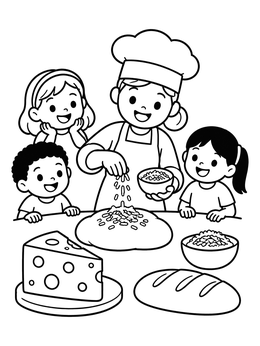 Free printable Baker Sprinkling Cheese With Kids coloring page