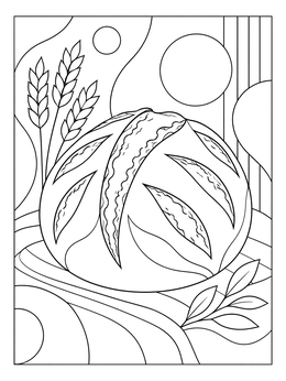 A rustic bakery coloring page featuring a scored round sourdough bread loaf with ears of wheat and abstract shapes.