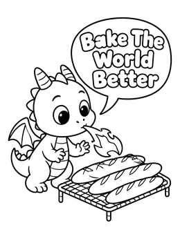 A baby dragon toasting baguettes on this fun bakery coloring page.